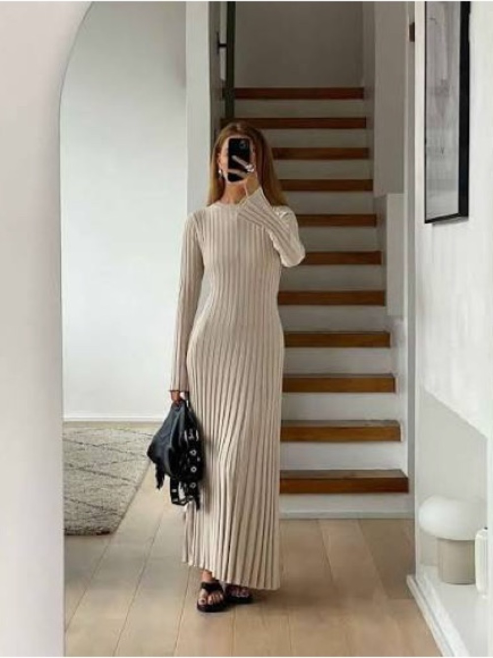 DISSH Beige Ribbed Long Sleeve Maxi Dress